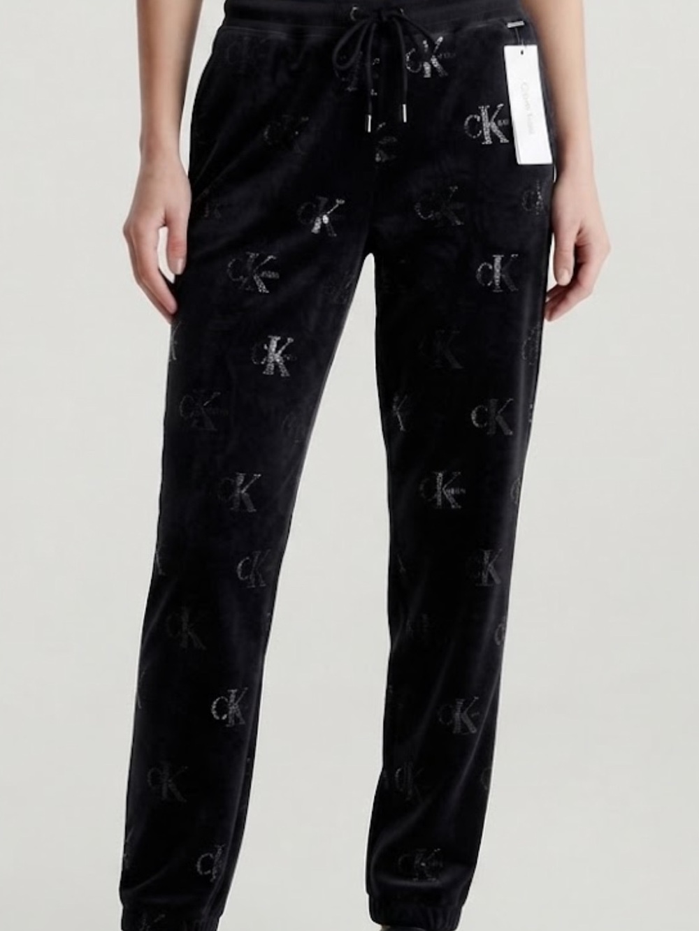 Calvin Klein Women's Black Velour Sequin CK Logo Track Pants L NWT